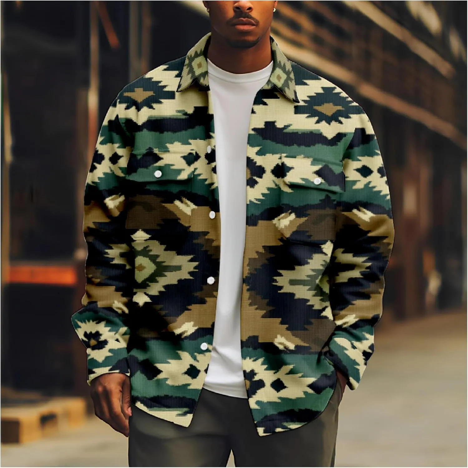 ZOCANIA Men's Aztec Shirt Jacket Lapel Long Sleeve Button Blouse Coat Vintage Ethnic Weatern Tribal Shacket Jacket Outwear
