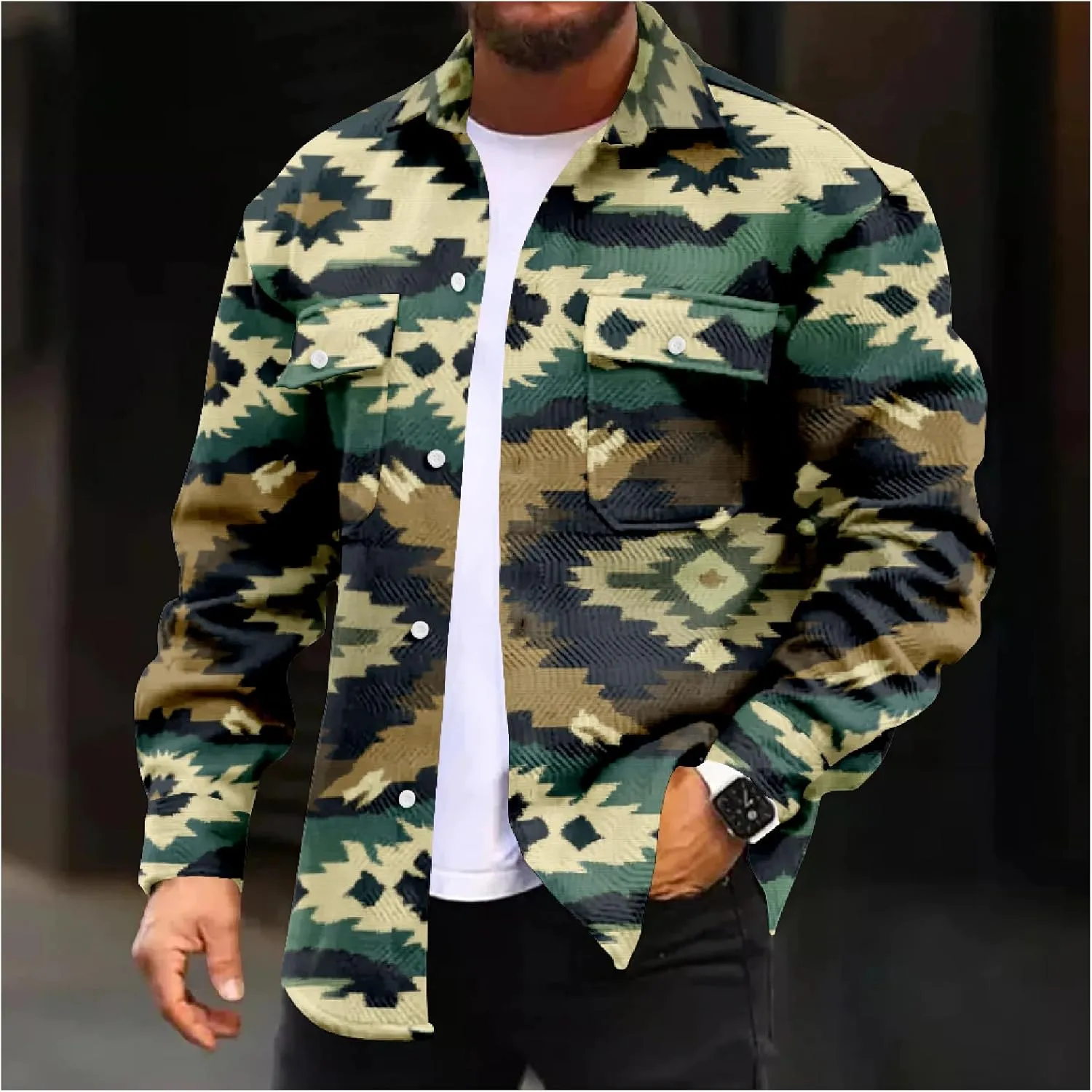 ZOCANIA Men's Aztec Shirt Jacket Lapel Long Sleeve Button Blouse Coat Vintage Ethnic Weatern Tribal Shacket Jacket Outwear