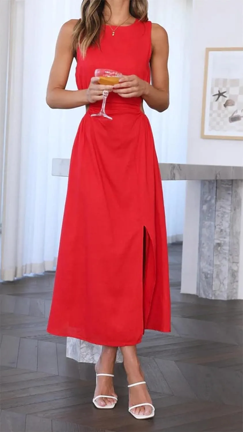 ZWRXW Long Linen Dress for Women Cutout Waist Slit Maxi Dress Summer Casual Crewneck Sleeveless Tank Dress Work Office Dress