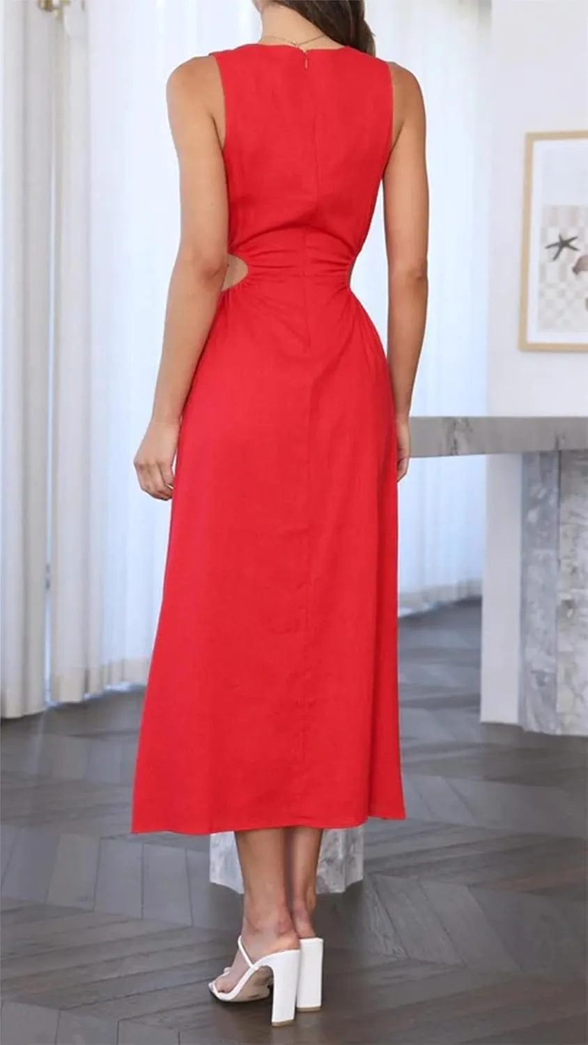 ZWRXW Long Linen Dress for Women Cutout Waist Slit Maxi Dress Summer Casual Crewneck Sleeveless Tank Dress Work Office Dress