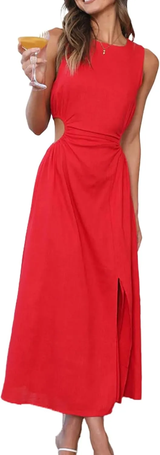ZWRXW Long Linen Dress for Women Cutout Waist Slit Maxi Dress Summer Casual Crewneck Sleeveless Tank Dress Work Office Dress