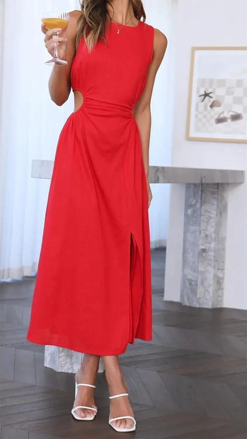 ZWRXW Long Linen Dress for Women Cutout Waist Slit Maxi Dress Summer Casual Crewneck Sleeveless Tank Dress Work Office Dress